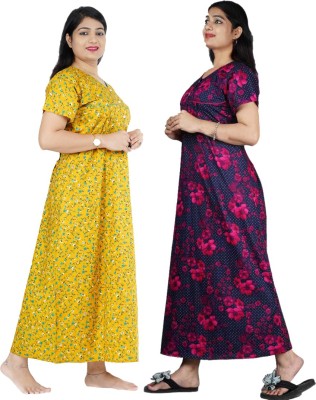 FAVNIC Women Nighty Set(Yellow, Pink)