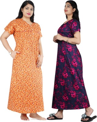 FAVNIC Women Nighty Set(Orange, Pink)