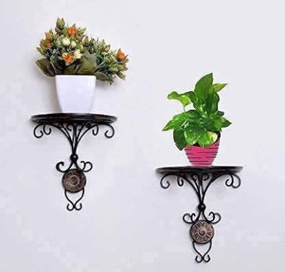 AS Wooden Handicraft Wrought Iron Fancy Wall Bracket/Wall Shelf (Pack - 2) (Antique) Without Screws Wooden Wall Shelf(Number of Shelves - 2, Brown)