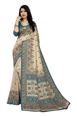 Novus Knitting Floral Print Bollywood Silk Blend Saree(Cream)