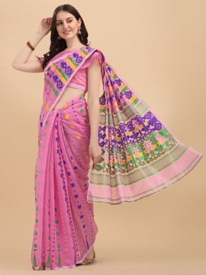 Ethnic Junction Printed Jamdani Silk Blend Saree(Pink)