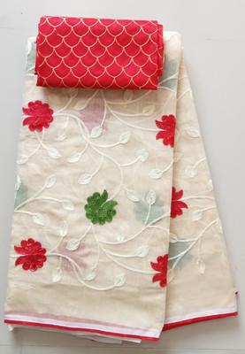 TRIPZIRA Embroidered Chanderi Cotton Linen Saree(Cream)