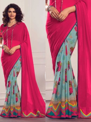 DIKONA DESIGNER Floral Print Bollywood Georgette, Chiffon Saree(Pink)