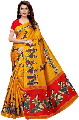 YASHIKA Printed Kalamkari Silk Blend, Art Silk Saree(Yellow)