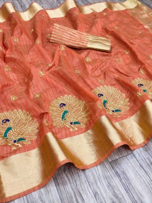 Divastri Embroidered Bollywood Pure Cotton Saree(Orange)