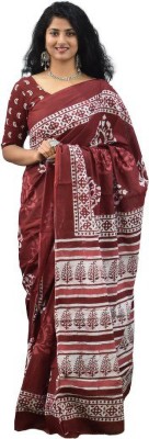 Kiaaron Printed Hand Batik Pure Cotton Saree(Maroon)