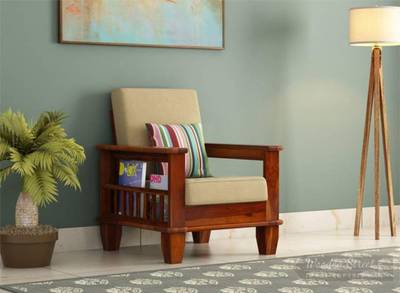 VARSHA FURNITURE Solid Wood 1 Seater Wooden Sofa set for living Room Furniture | Sheesham Wood Fabric 1 Seater  Sofa