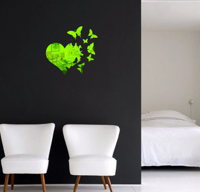 Psychedelic Collection 33.02 cm beautiful butterflies with large heart mirror golden acrylic sticker Self Adhesive Sticker(Pack of 1)
