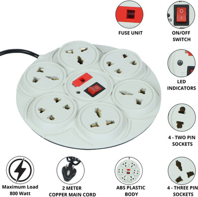 DIGWAY Round 8 Socket 1 Switch(Cord Length: 2.0 Meter) 8  Socket Extension Boards(White, 2 m)