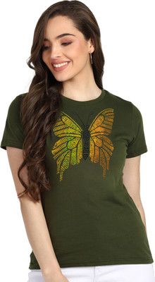 SHASHVI Printed Women Round Neck Dark Green T-Shirt