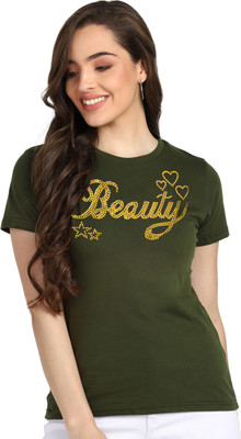 SHASHVI Printed Women Round Neck Dark Green T-Shirt