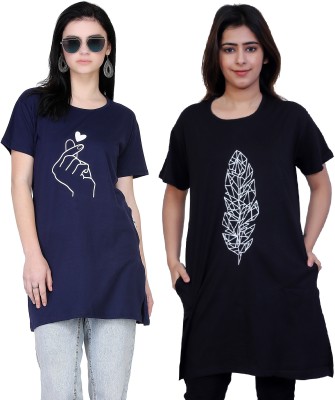 RG TRENDS Printed Women Round Neck Dark Blue, Black T-Shirt