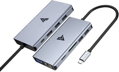 Vaku Luxos 11-in-1 USB C Hub with Ethernet, 4K USB C to HDMI, VGA, 2 USB3.0 2 USB2.0, Micro SD/TF Card Reader, Mic/Audio, USB-C Pd 3.0 USB Hub(Grey)