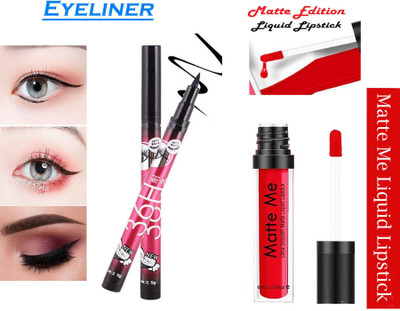 Synecus Rich Waterproof Long Lasting Eye Make-up 36H Eyeliner Black Color & Matte Me Ultra Smooth Liquid Red Lipstick Waterproof(1 Items in the set)