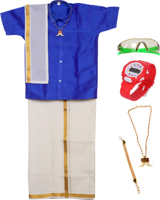joy readymades Boys Festive & Party Dhoti, Shawl and Shirt Set(Blue Pack of 1)