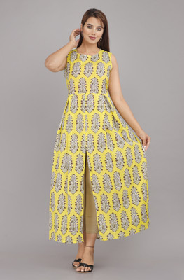 BHAGLI Women Printed A-line Kurta(Yellow)