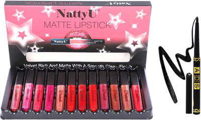 NattyU Premium Waterproof Velvet Matte Lipstick combo with Eyeliner Pencil (Pack of 12)(2 Items in the set)
