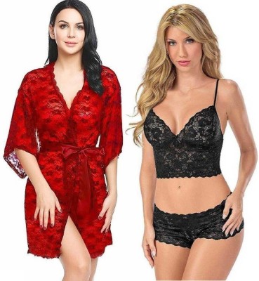 IyaraCollection Women Robe and Lingerie Set(Red, Black)