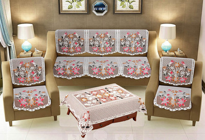 PRINTFEB Cotton Floral 3 Seater Sofa Cover(Beige Pack of 7)