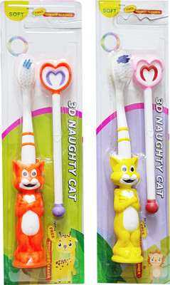 Yunicron Max Tom Kids Toothbrush with Tongue Cleaner Extra Soft Toothbrush(Pack of 2)