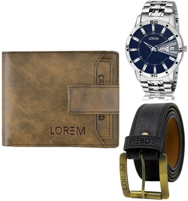 LOREM Belt, Wallet & Watch Combo(Brown, Black, Silver)