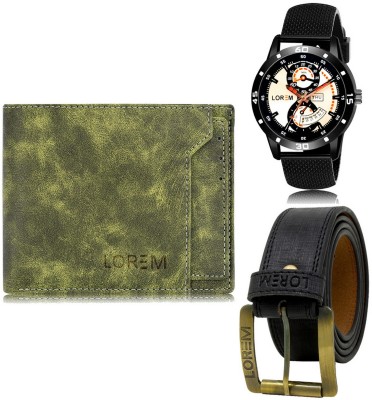 LOREM Belt, Wallet & Watch Combo(Green, Black, Black)