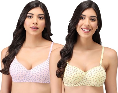 Emavic Women's Cotton Lightly Padded Non-Wired T-Shirt Bra Combo Pack of 2 Women Everyday Lightly Padded Bra(Pink, Yellow)