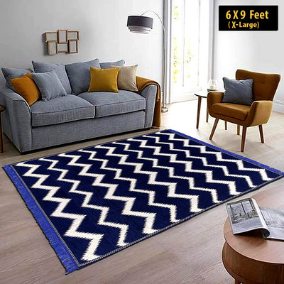 Sparrow world Dark Blue, White Cotton Carpet(6 ft,  X 9 ft, Rectangle)