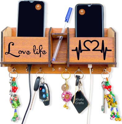 Khatu Crafts Love Life Mobile Holder, Pen stand & Wood Key Holder(8 Hooks, Brown)