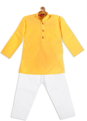 VASTRAMAY Boys Casual Kurta and Pyjama Set(Yellow Pack of 1)