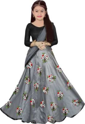 FOND FASHION Indi Girls Lehenga Choli Ethnic Wear Embroidered Lehenga, Choli and Dupatta Set(Grey, Pack of 1)