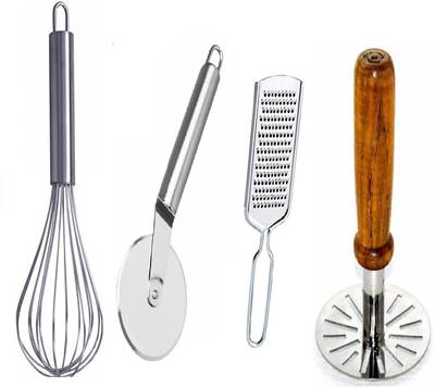 Sampoorna Smart Kitchen Kitchen Tool Combo Set of Pizza Knife, Cheese Grater, Pav Bhaji Masher, Whisk for Milk Shake Stainless Steel Pizza Cutter and Masher Whisker with Small Size Cheese Grater Multicolor Kitchen Tool Set
