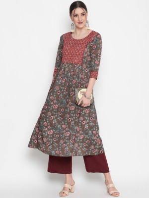 GLAM ROOTS Women Printed Flared Kurta(Brown)