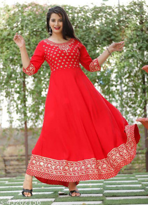 ALBAITH Women Printed Anarkali Kurta(Red)