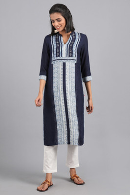 W Women Printed Straight Kurta(Blue)