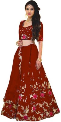 NJ FASHION Solid, Embroidered, Embellished, Self Design Semi Stitched Lehenga Choli(Maroon)