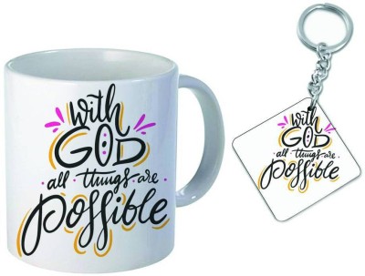 GIFTSONE With god All Things are Possible Bible Verse White with Keychain Ceramic Coffee Mug(325 ml)
