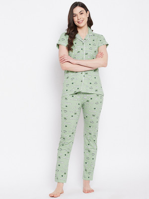 Camey Women Printed Green Shirt & Pyjama set