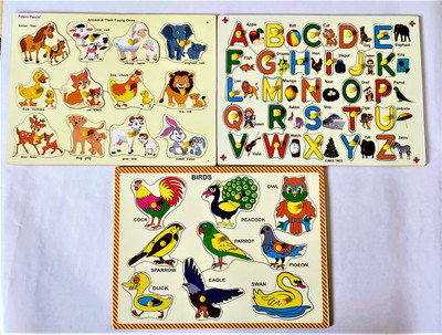 PETERS PENCE WOODEN SET OF BIRDS, ENGLISH ALPHABET & ANIMALS WITH YOUNG ONES PUZZLE FOR KIDS(21 Pieces)