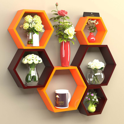 Onlineshoppee Set Of 6 Hexagon shape Designer Storage Shelves - Orange & Brown Wooden Wall Shelf(Number of Shelves - 6, Orange, Brown)