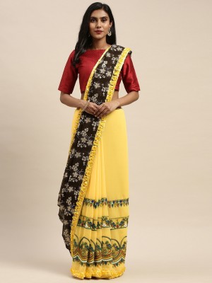 KAVINDI Embroidered Bollywood Cotton Silk Saree(Yellow)