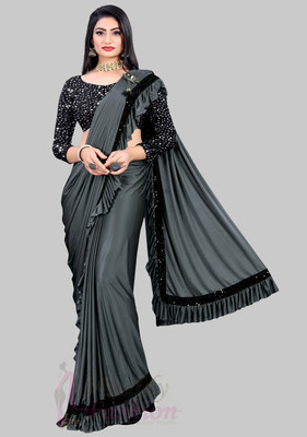 GUNHILD Solid/Plain Banarasi Lycra Blend Saree(Grey)