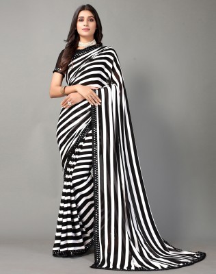 SIRIL Printed, Geometric Print, Floral Print Daily Wear Georgette, Chiffon Saree(White, Black)