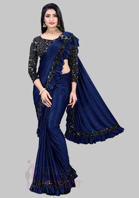 ENCLIQ Solid/Plain Bollywood Lycra Blend Saree(Blue)