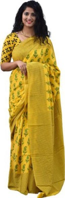 Tropwear Printed, Self Design, Digital Print, Hand Painted, Blocked Printed Ikkat Pure Cotton Saree(Yellow)