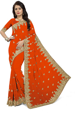 Om Shantam sarees Self Design, Temple Border, Embroidered, Embellished Bollywood Georgette Saree(Pink)