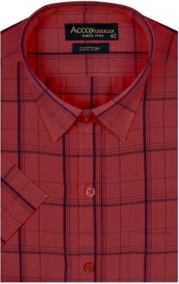 ACCOX Men Checkered Formal Red Shirt