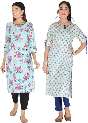IRK Fashion Women Floral Print Straight Kurta(White, Blue)