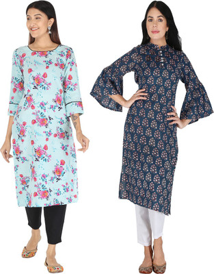 IRK Fashion Women Floral Print Straight Kurta(Light Blue, Blue)