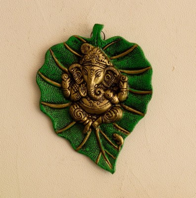 eCraftIndia Lord Ganesha on Green Leaf Decorative Showpiece  -  15.24 cm(Aluminium, Silver, Green)